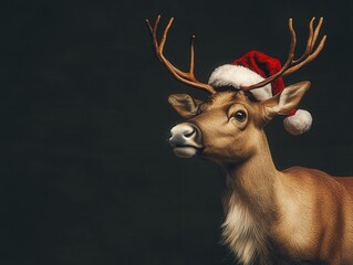 Realistic reindeer wearing Santa hat on dark background for Christmas season. Reindeer portrait with red Santa hat on black background, festive and elegant Christmas theme