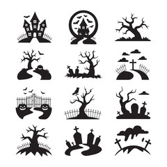 Fototapeta premium Vector art of a series of black and white halloween landscape icons depicting haunted houses, spooky trees, and graves