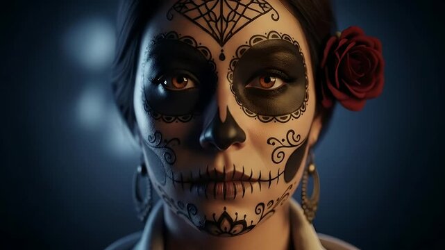 Catrina, Day of the Dead face paint, a woman's portrait honors traditions. Rose, earrings accentuate the cultural significance. Halloween, celebrations, traditions, culture, festivals. - Powered by Adobe