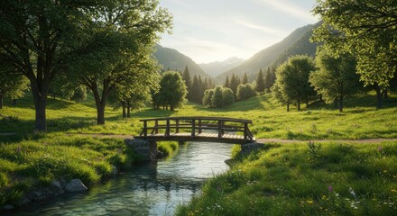 Obraz premium Serene Mountain Valley: Wooden Bridge over Stream at Golden Hour