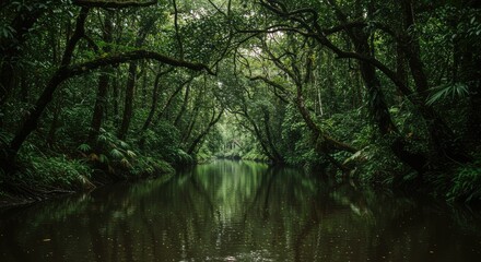 Obraz premium Serene River Journey: Lush Green Canopy Reflecting in Calm Waters of Tropical Rainforest