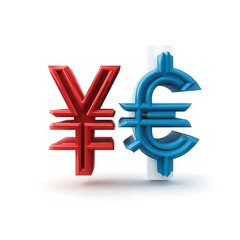 Red yen symbol and blue euro symbol standing side by side on a white background view