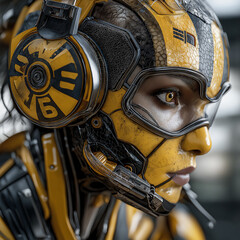 Cyberpunk Female Cyborg with Headphones - Ultrarealistic 8K Portrait of AI Mechanoid with Yellow Wasp Eyes & Transhumanist Style