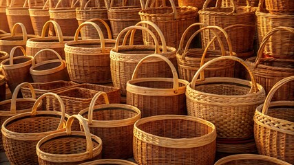 Collection of woven wicker baskets with handles woven baskets