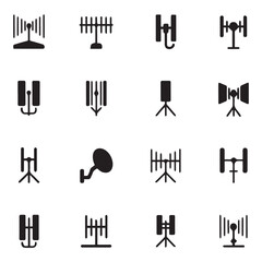 Vector art of a set of sixteen black icons representing various antennas and communication towers, isolated on a white background