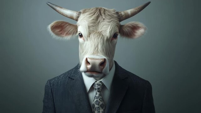 Portrait of a cow wearing a formal business suit and tie against a studio background