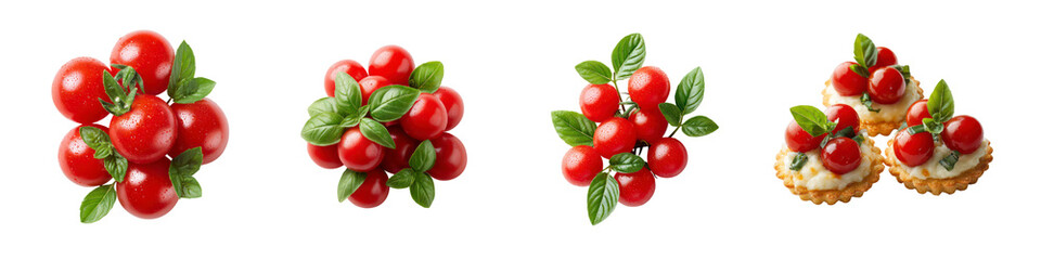 Set of Cherry Tomatoes with Fresh Basil Leaves and Canapés for Appetizer on Transparent Background