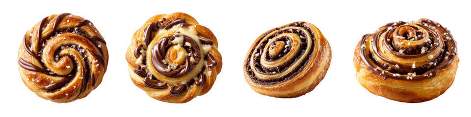 Set of Swirled Chocolate Danish Rolls with Glaze and Sprinkles on Transparent Background