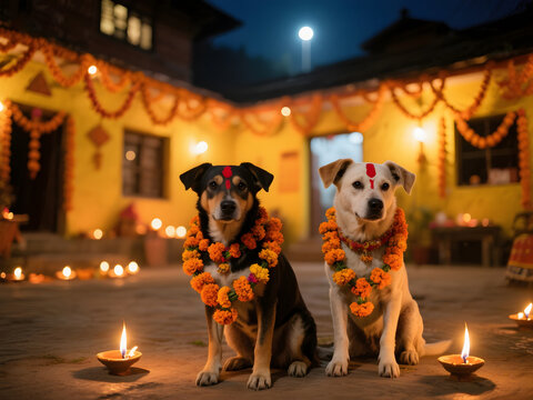 Two dogs with marigold garlands and red tika during Tihar night ritual in front of yellow house lit with candles and festive lights