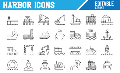 Set of Harbor Icons, Ships, Cranes, Docking, and Cargo. Editable Stroke Vector Icons for Harbor, Shipping, Transportation, and Maritime Industry.