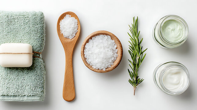 Soft green towel with white soap and wooden spoon filled with coarse sea salt beside rosemary sprig and skincare jars