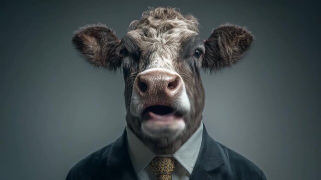 Close-Up of Cow Chewing in Suit 