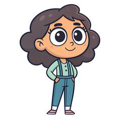 Cute cartoon girl with curly hair and overalls
