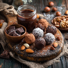 Wooden board with chocolate truffles nuts and cacao dressing ready for a photo with copy space image