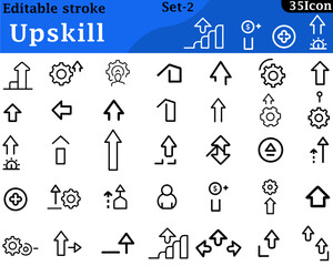 An icon symbolizing personal and professional growth—featuring a graduation cap, upward arrow, gear, and book—perfect for training, online learning, career development, and education platforms.