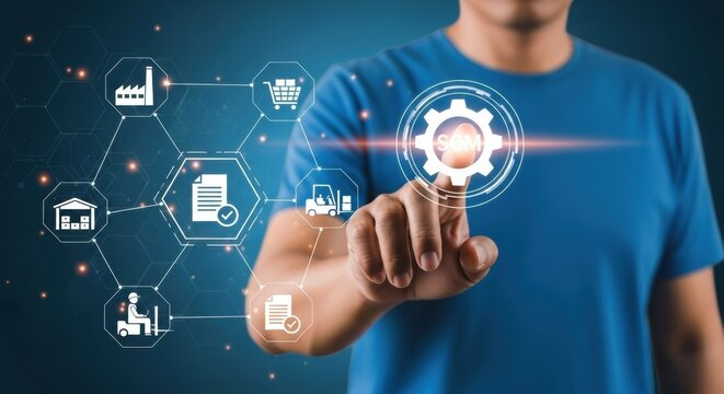 Businessman interacts with digital supply chain management interface optimizing logistics and operations for modern business success