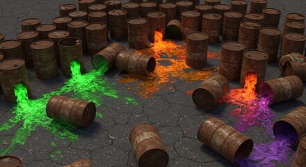 Toxic Spill: Rusty Barrels Spewing Vivid Chemicals