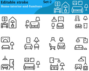 Stylish home interior and furniture icons showing sofas, chairs, tables, lamps, beds, and decor elements, designed with clean lines and modern colors to represent comfort, style, and functionality.