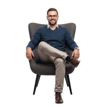 Smiling man sitting in modern chair isolated on transparent background