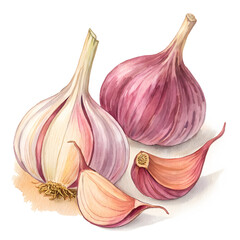 Watercolor painting of fresh garlic bulbs and cloves on a dark background