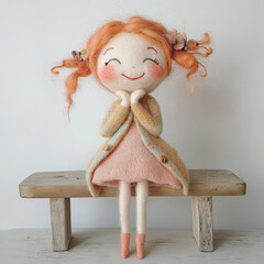 Felt girl doll with pink balloon, natural materials. Neutral background.