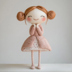 Felt girl doll with pink balloon, natural materials. Neutral background.