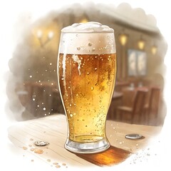 A refreshing glass of golden lager beer with a frothy head in a dimly lit pub