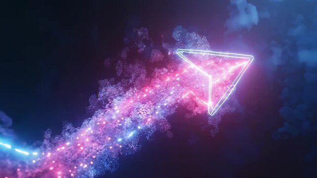 Glowing neon arrow pointing up symbolizing growth and success