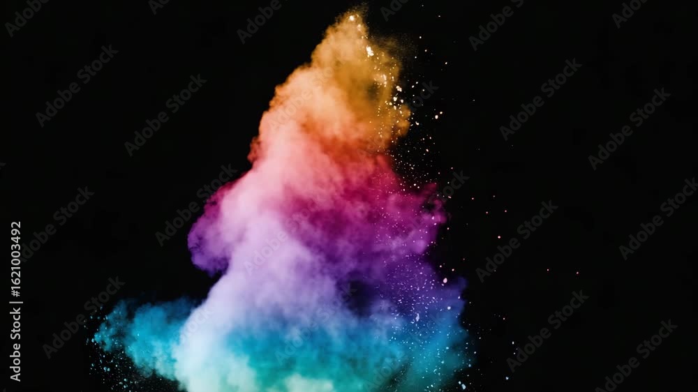 Poster explosion of bright colorful paint on black background burst of multicolored powder abstract pattern