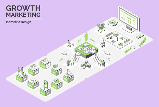 Cartoon Color Tools, Team, Sales Dashboard and Analytics Growth Marketing Concept 3d Isometric View Line Elements. Vector illustration