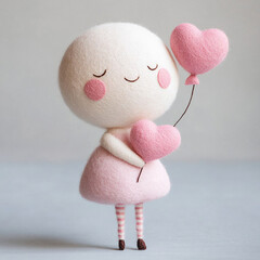 Felt girl doll with pink balloon, natural materials. Neutral background.