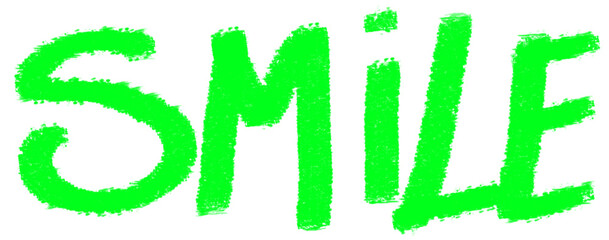 Word SMILE in hand-drawn in green with a transparent background
