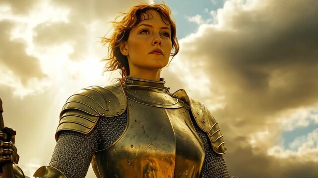A determined female warrior in armor holds a flag while gazing at the horizon under an intense, cloud filled sky