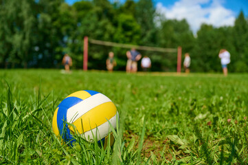 Close-up of a volleyball lying on lush green grass with a volleyball court and players in the background, under a blue sky with scattered clouds, capturing a lively outdoor sports scene