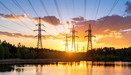 Fototapeta premium Sunset over power lines