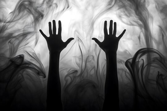 Silhouetted hands reaching up through dark smoke arms