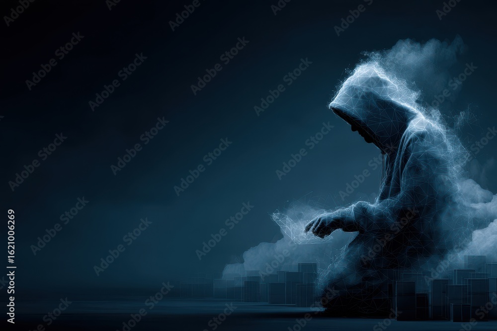 Poster silhouette of a hacker working on a laptop in a dark atmosphere