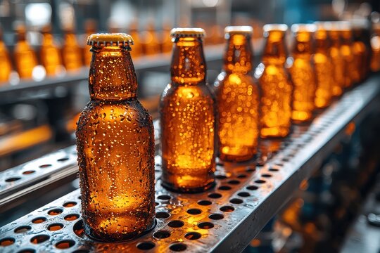 Colorful glass bottles of beverages arranged on a production line
