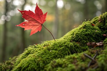 Vibrant red maple leaf on mossy forest floor autumn