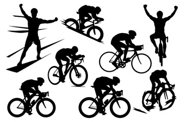 Obraz premium Vector silhouettes of people cycling, including a man, children, and a diverse group of riders in action
