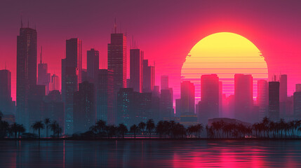 Vibrant futuristic city skyline at sunset with neon pink and yellow tones, palm trees in silhouette by waterfront, retro synthwave atmosphere blending modern architecture and digital surreal landscape