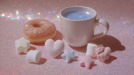 Sweet confectionary delights with sparkling beverage and sugary pastry donut marshmallows