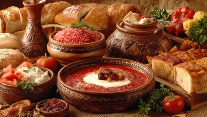 Fototapeta premium Assorted traditional dishes displayed in rustic bowls.