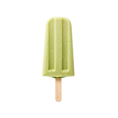 Delicious green ice cream popsicle on a wooden stick against a white background
