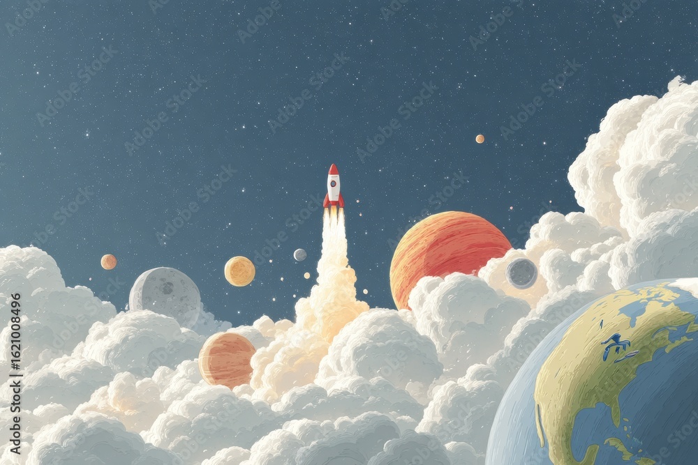Poster rocket scene displayed on smartphone with creative fantasy vibes