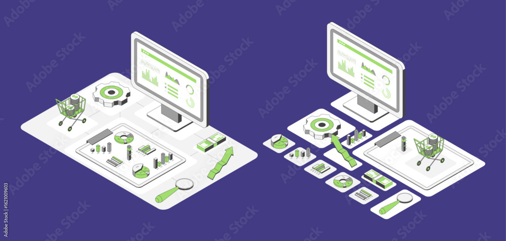 Poster cartoon color sales dashboard and analytics with separate set growth marketing concept 3d isometric 