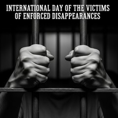 Hands gripping prison bars with text, symbolizing struggle for justice on International Day of Enforced Disappearances