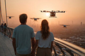 Couple enjoys a romantic stroll on a floating pedestrian pathway at sunset with flying drones