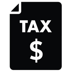 Flat Black Vector Silhouette of Document with Word TAX and Dollar Sign Minimal Simple Shape White Background