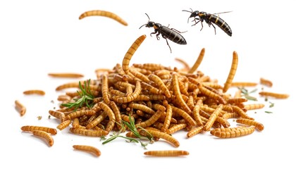 Close-up of Mealworms with Insects and Rosemary on White Background